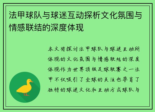 法甲球队与球迷互动探析文化氛围与情感联结的深度体现