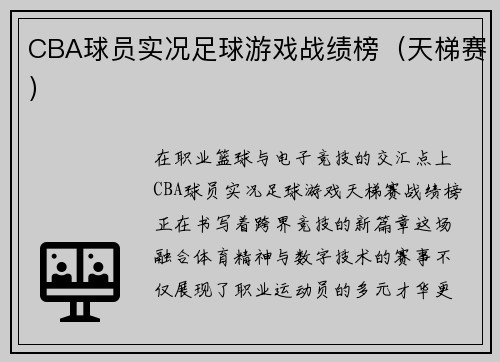 CBA球员实况足球游戏战绩榜（天梯赛）