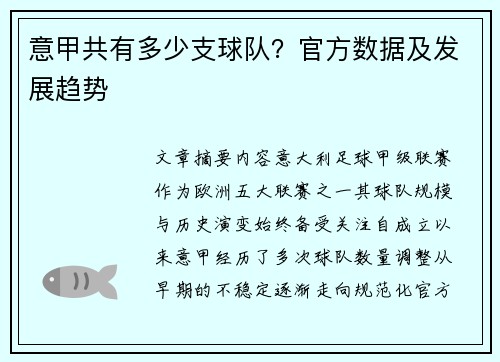 意甲共有多少支球队？官方数据及发展趋势